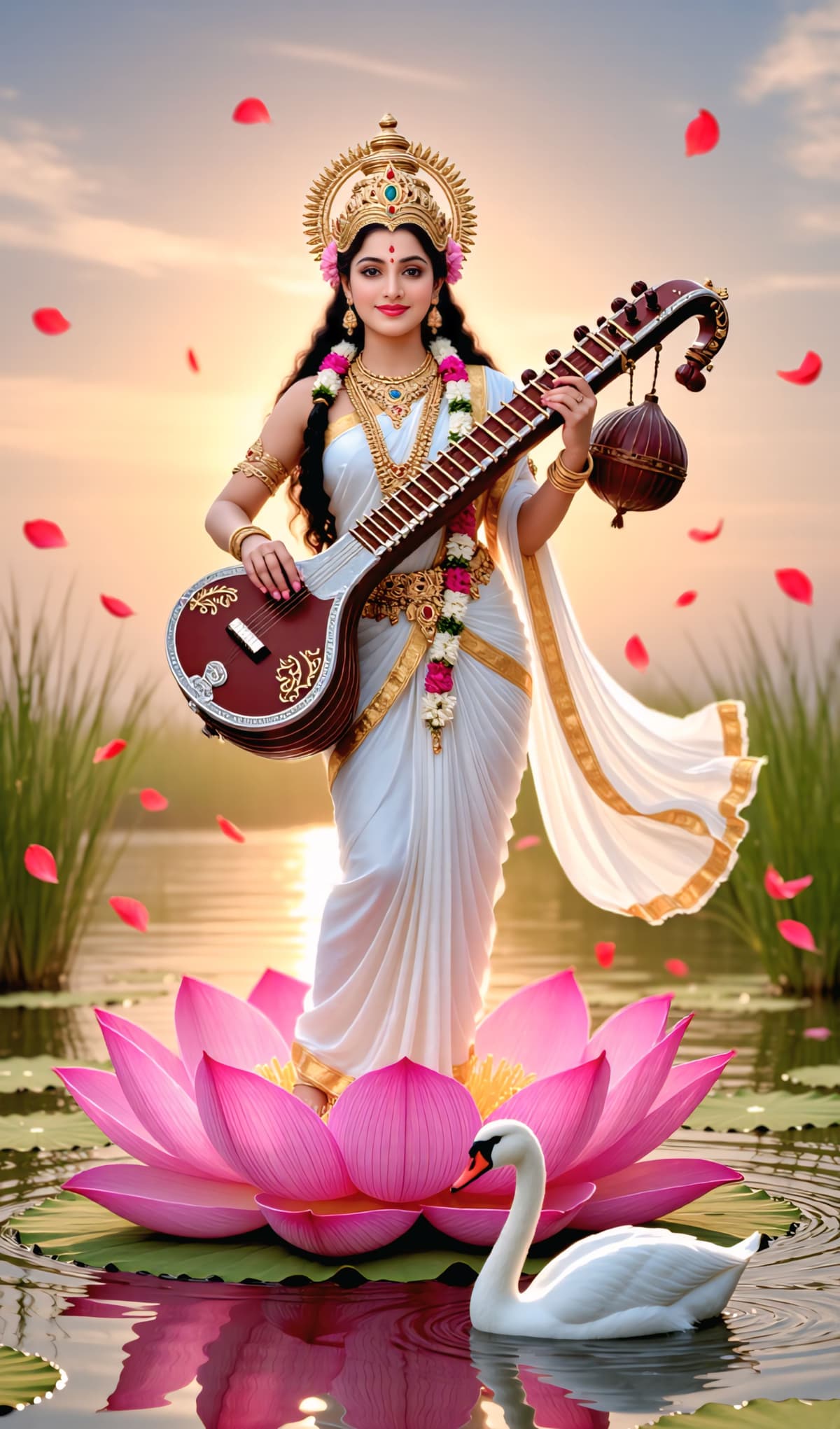 4K image of Goddess Saraswati standing on lotus with swan.