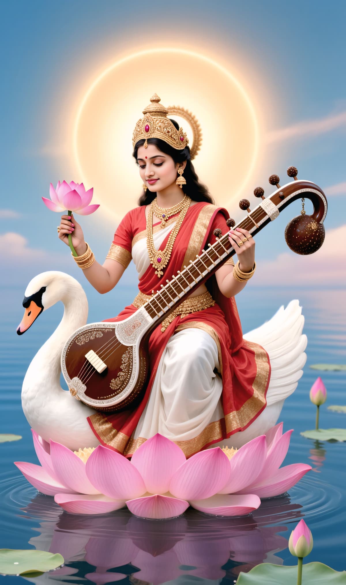 HD photo of Goddess Saraswati holding veena with swan and lotus, free to download