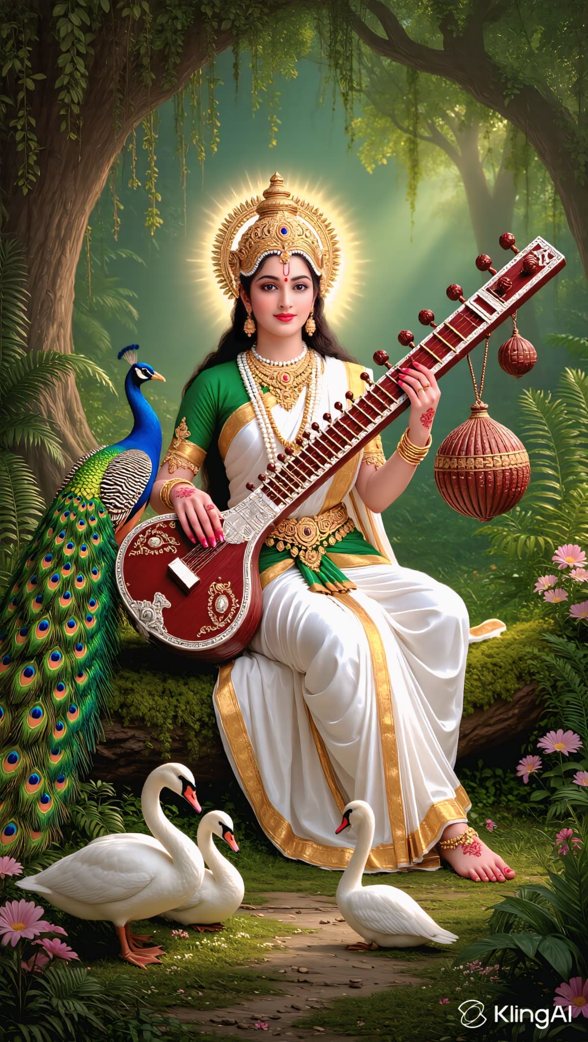 Goddess Saraswati playing veena in a forest with peacock.