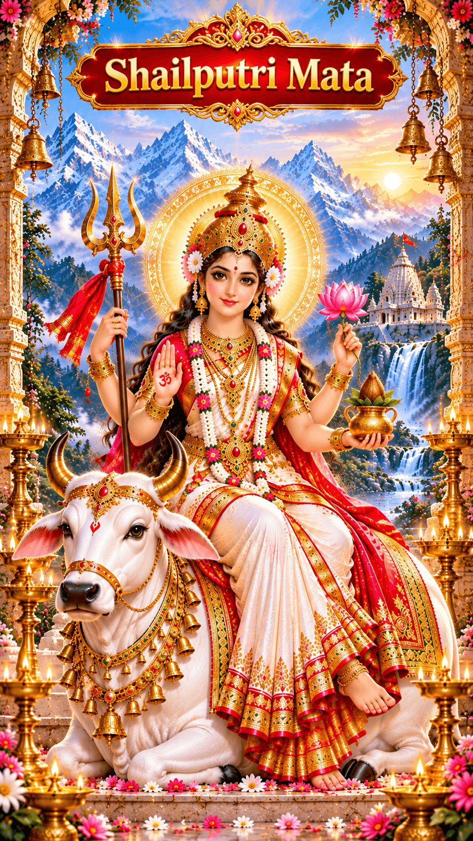 Shailputri Mata seated on Nandi with a trident and lotus, wearing a red-white saree and golden crown, HD 4K devotional image.