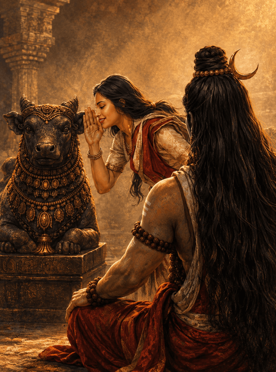 Beautiful 4K image of Lord Shiva and Goddess Parvati with Nandi in a sacred temple, free HD wallpaper and instant download.