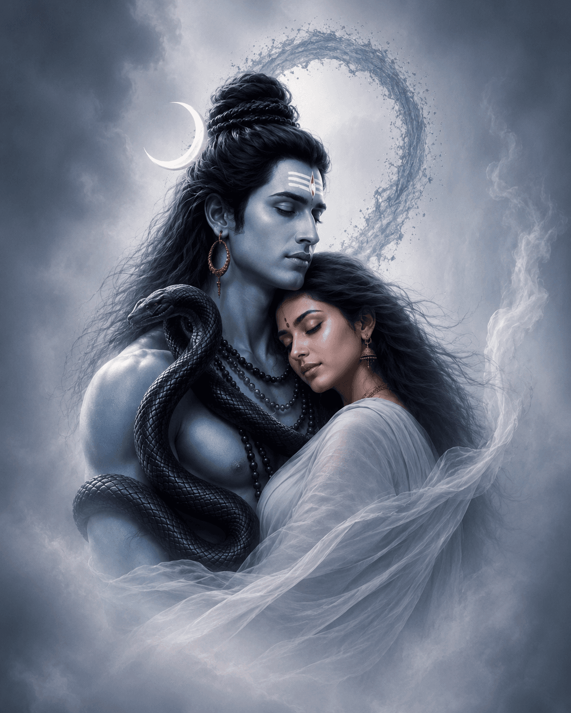 Lord Shiva and Goddess Parvati embracing peacefully with Vasuki snake, crescent moon, Tripundra tilak, soft mist, and divine heavenly background in HD 4K devotional artwork.
