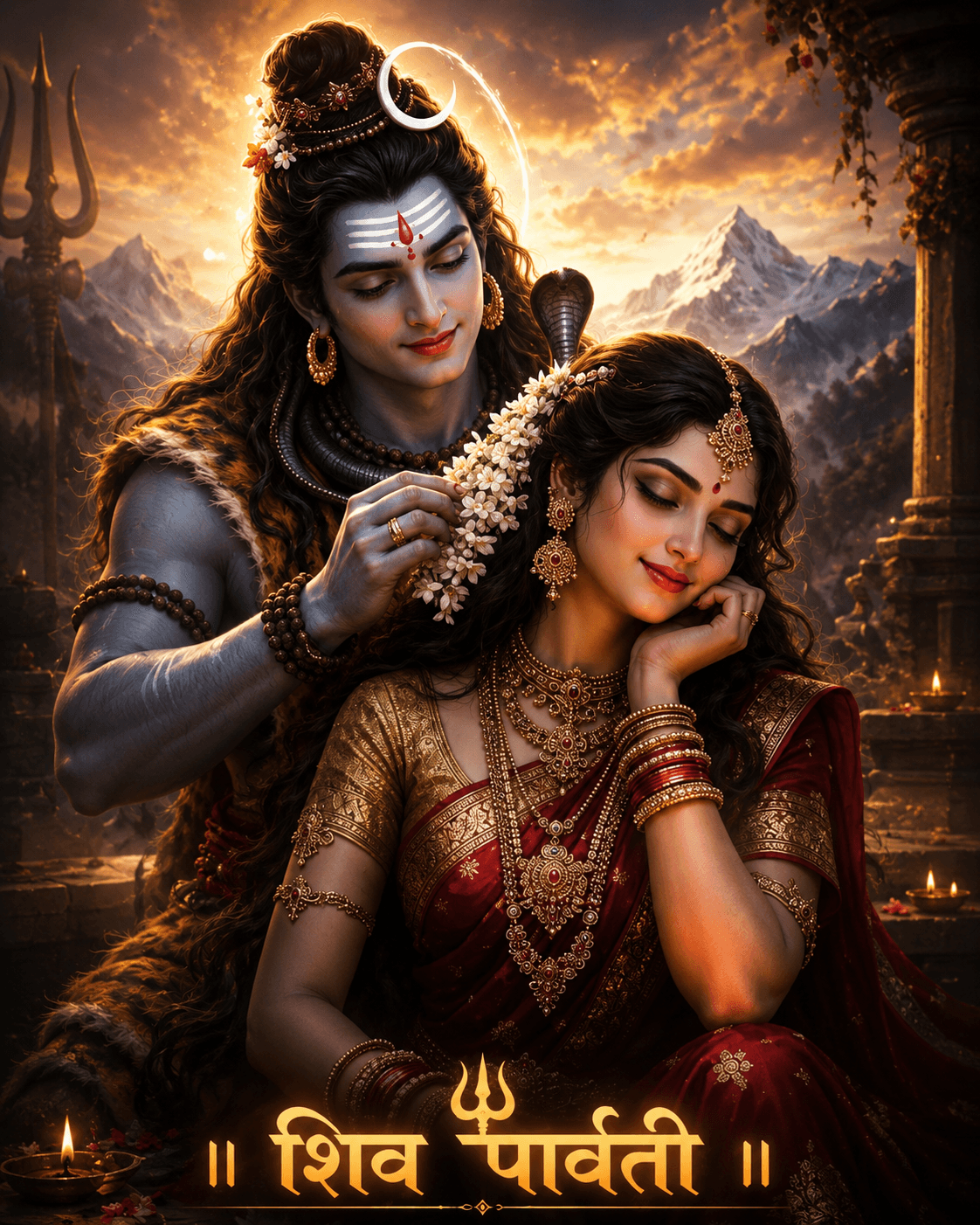 Beautiful 4K Shiv Parvati image with Lord Shiva adorning Goddess Parvati with jasmine flowers, free HD wallpaper and instant download.