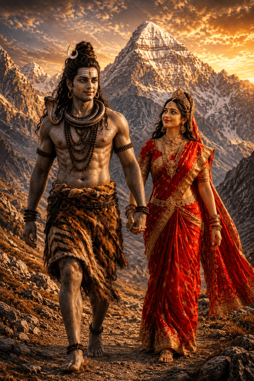 Beautiful 4K image of Lord Shiva and Goddess Parvati walking together in the Himalayan mountains at sunset, free HD download for wallpapers and devotional projects.