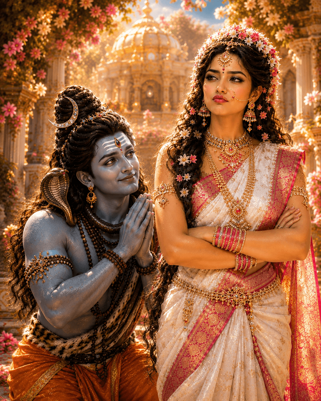 Beautiful 4K image of Lord Shiva lovingly praying to Goddess Parvati in a divine flower garden, free HD wallpaper and instant download.