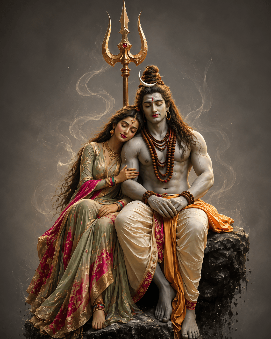 Peaceful 4K artwork of Lord Shiva and Goddess Parvati sitting together with Trishul and Rudraksha Mala, free HD download for wallpapers, devotional use, and spiritual projects.