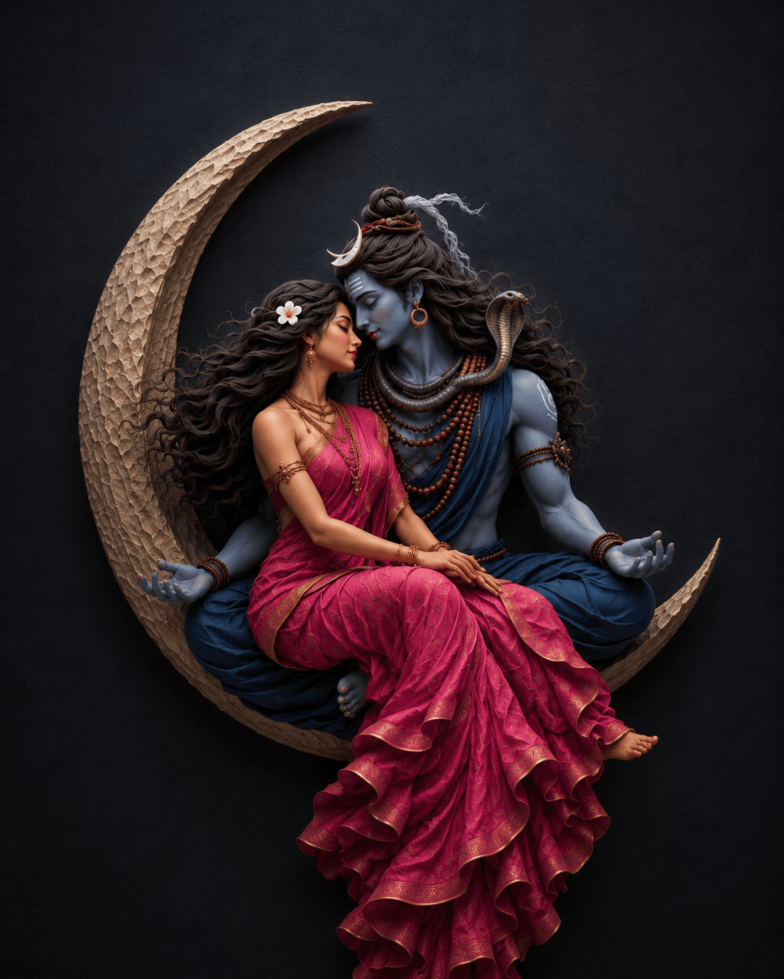 Beautiful 4K image of Lord Shiva and Goddess Parvati seated together on a crescent moon, featuring the sacred serpent, divine aura, and flowing pink attire, free HD download.