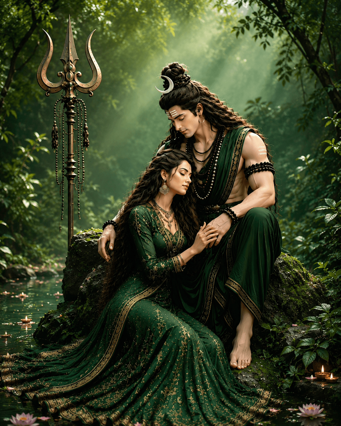Beautiful 4K image of Lord Shiva and Goddess Parvati resting together in a peaceful forest beside a sacred trident and lotus-filled stream, free HD wallpaper download