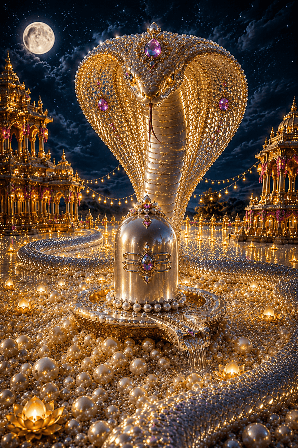 Divine 4K Shivling with a golden serpent (Nag) under the moonlit sky, free HD wallpaper and instant download.