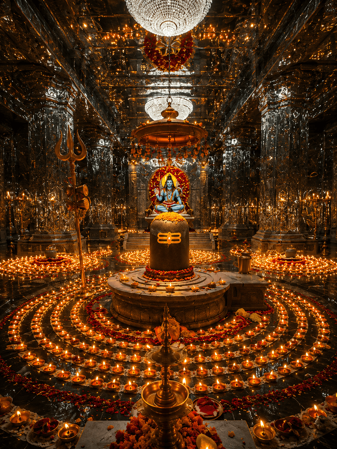 Magnificent 4K image of a sacred Shivling inside a beautifully illuminated Shiva temple with Trishul, Damru, glowing oil lamps, floral decorations, and a divine atmosphere, free HD wallpaper download.
