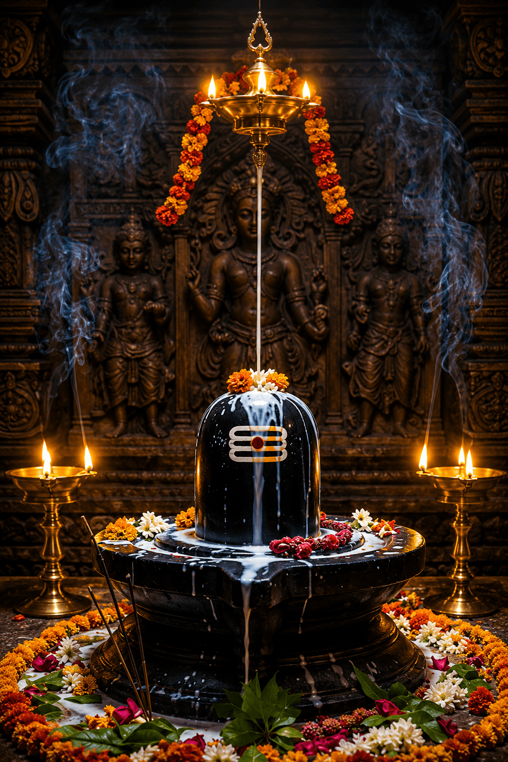 Beautiful 4K image of a sacred Shivling receiving milk Abhishek beneath a hanging brass vessel inside a traditional Shiva temple, surrounded by oil lamps, incense, flowers, and a divine spiritual atmosphere, free HD wallpaper download