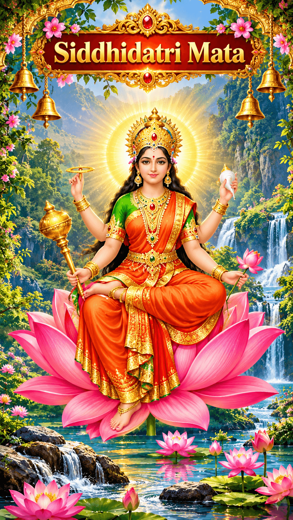 Siddhidatri Mata seated on a pink lotus with four arms, holding sacred objects, surrounded by waterfalls and lotus flowers in a vibrant 4K devotional image.