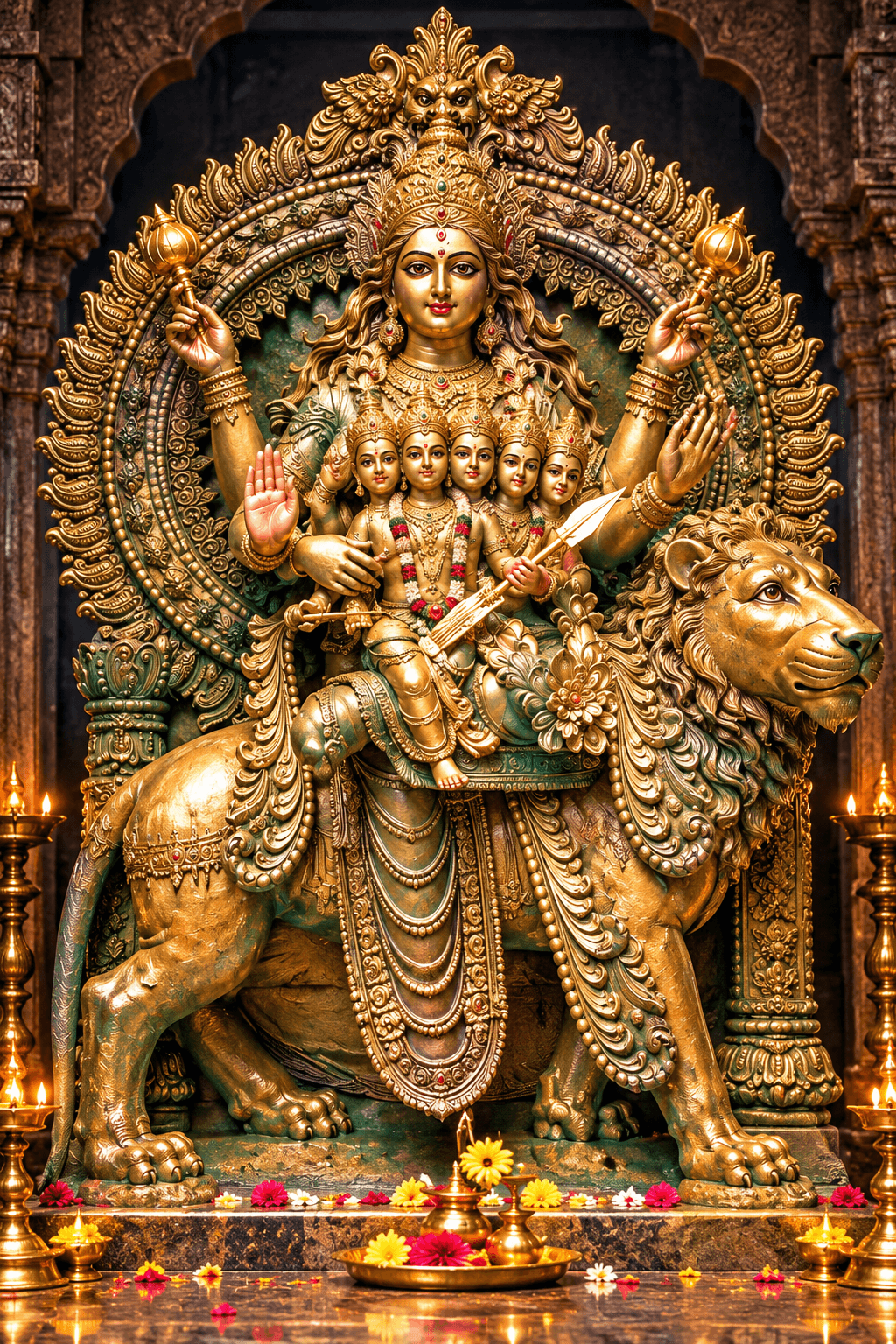 Skandamata seated on a lion with her child Skanda in her lap, holding lotus flowers and surrounded by ornate temple details, HD 4K image.