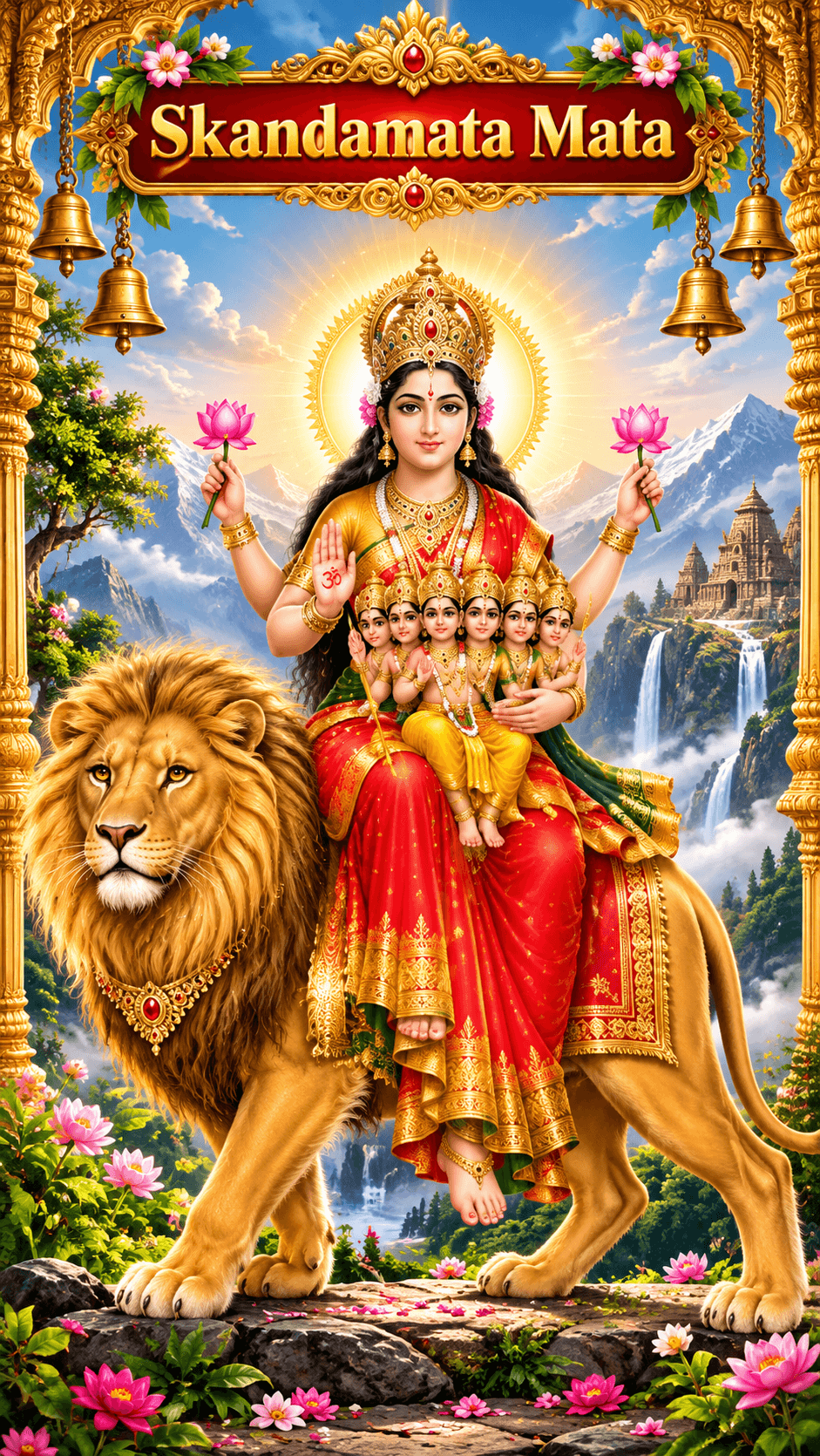 Skandamata seated on a majestic lion with young Skanda in her lap, holding pink lotus flowers against a Himalayan mountain backdrop, HD 4K image.