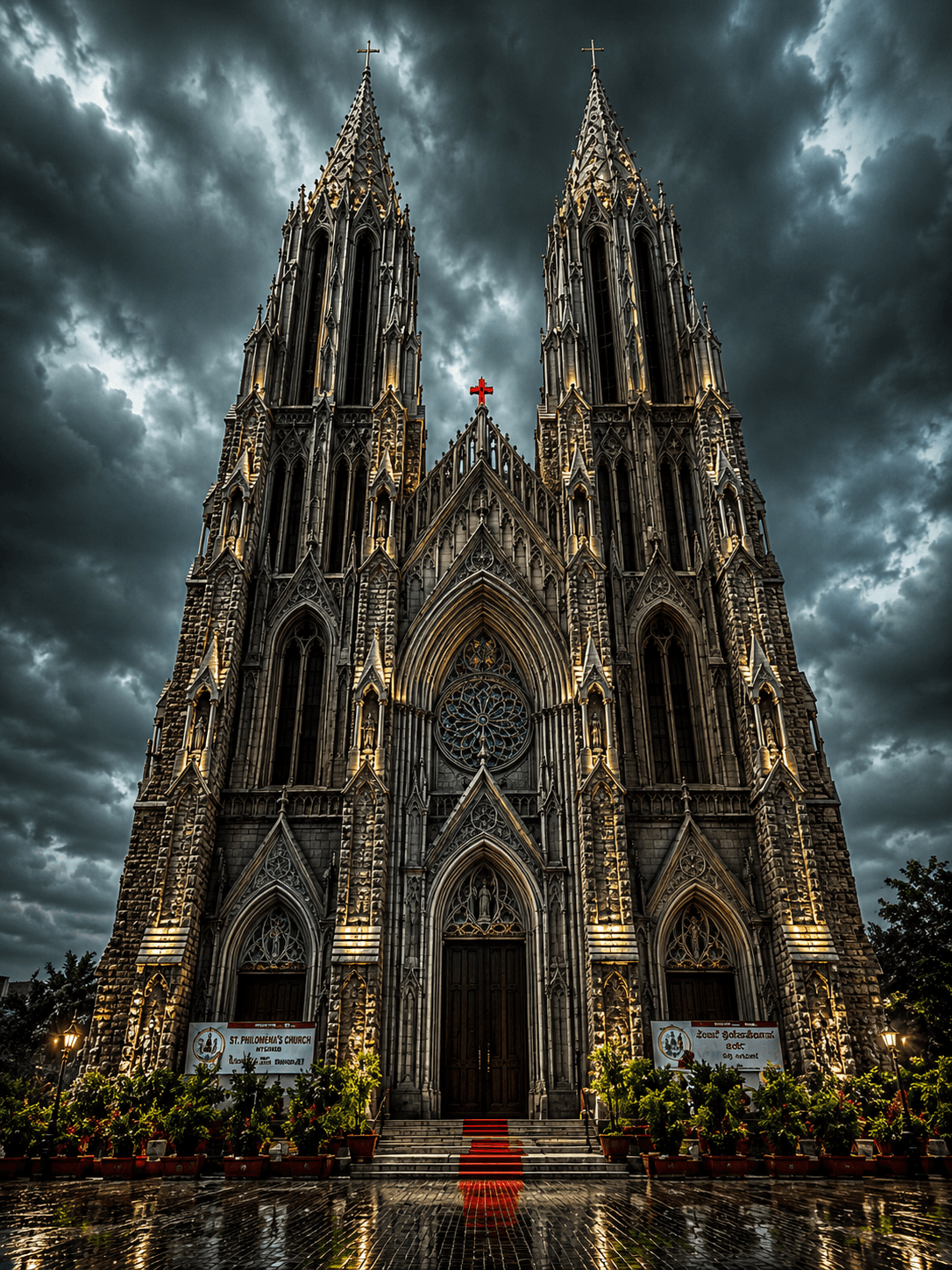 Philomena Church with Gothic twin towers, dramatic cloudy sky and illuminated facade, high-resolution 4K image for download.