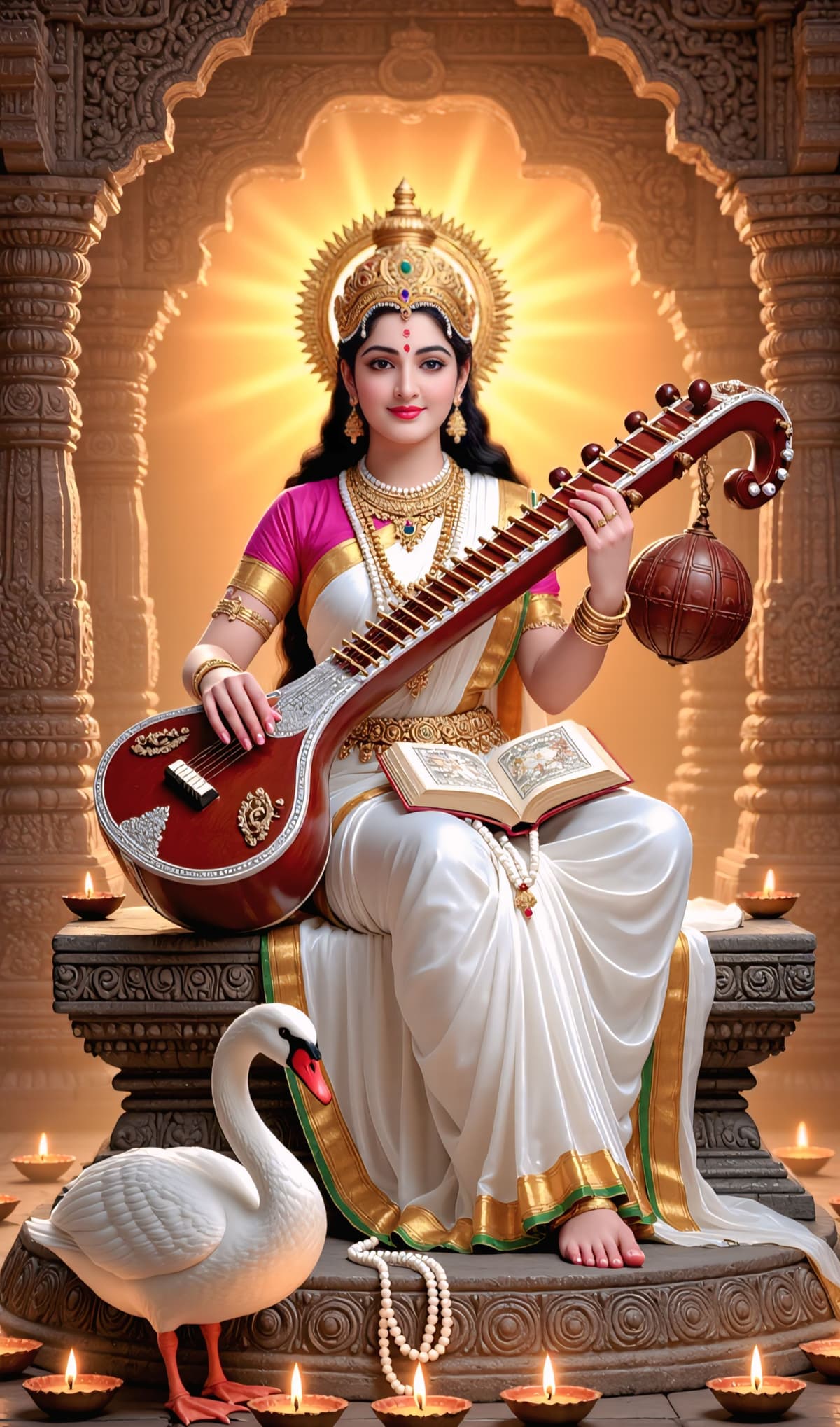 Divine HD image of Goddess Saraswati seated in a temple with swan and lamps, free to download