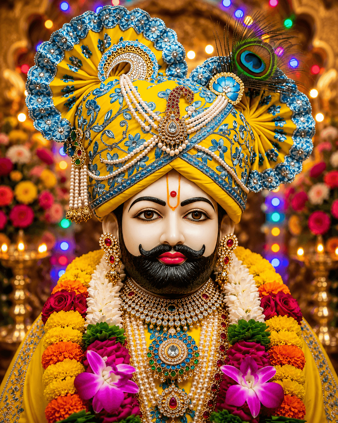 Beautiful 4K image of Khatu Shyam Ji in vibrant yellow and blue attire with jeweled turban, peacock feather, and floral garlands, free HD wallpaper download.