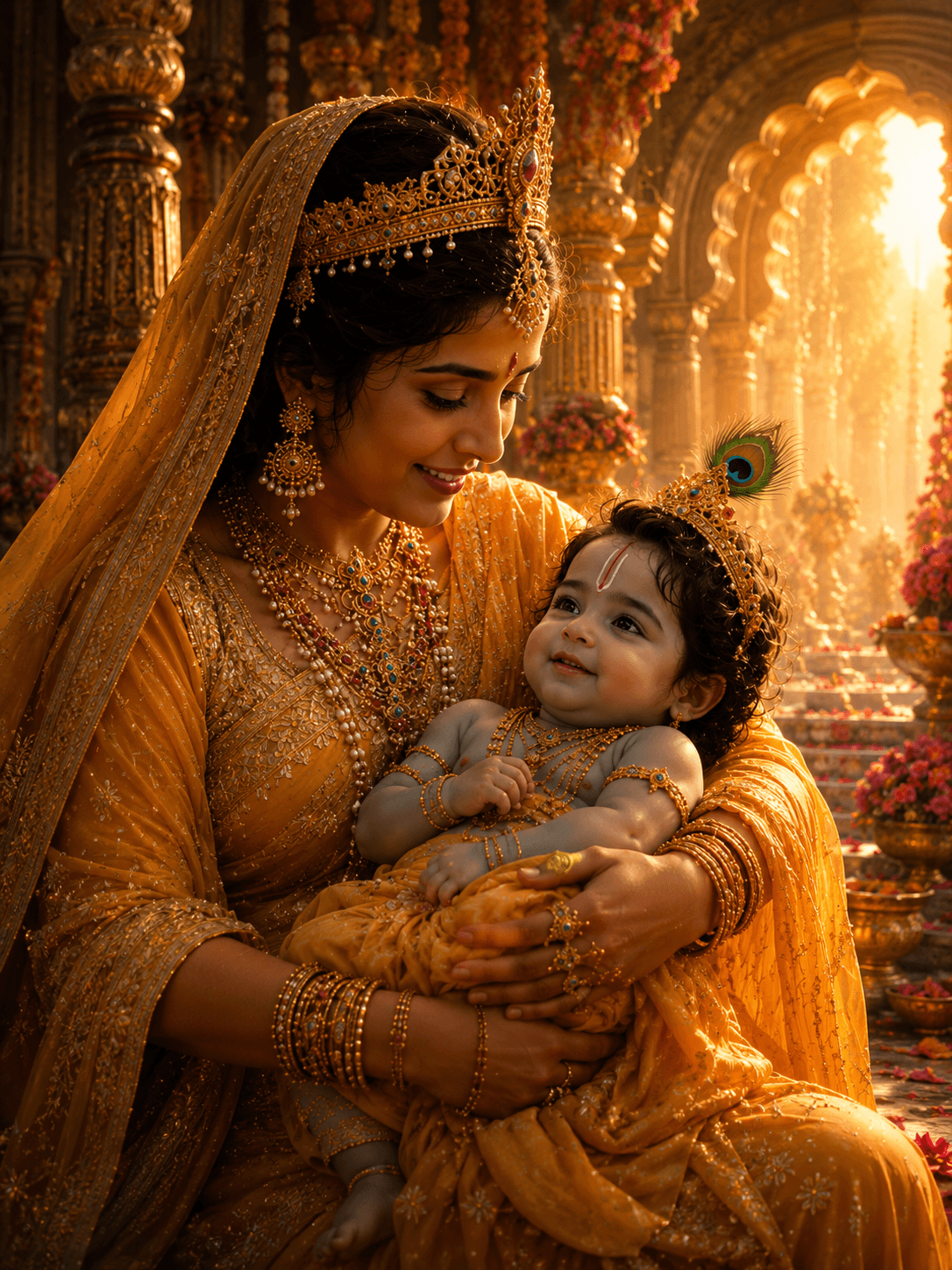 Beautiful 4K image of Mother Yashoda holding Baby Krishna with peacock feather crown, free HD download for wallpapers, devotion, and spiritual projects.