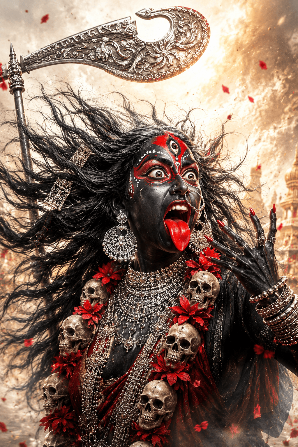 Fierce Maa Kali with flowing hair, khadga sword, skull garland, red tongue, silver ornaments, and intense divine expression in a dramatic temple background.