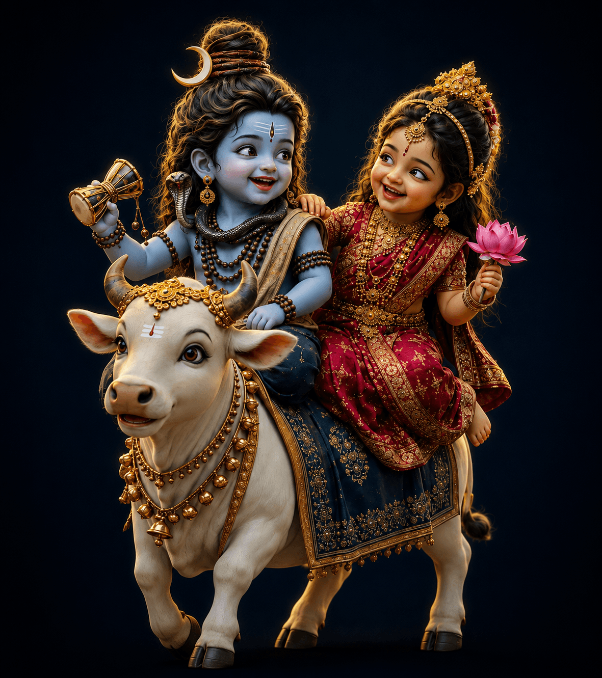 Cute 4K Baby Lord Shiva and Baby Goddess Parvati riding Nandi, with Shiva holding a damru and Parvati holding a lotus, free HD wallpaper and instant download.