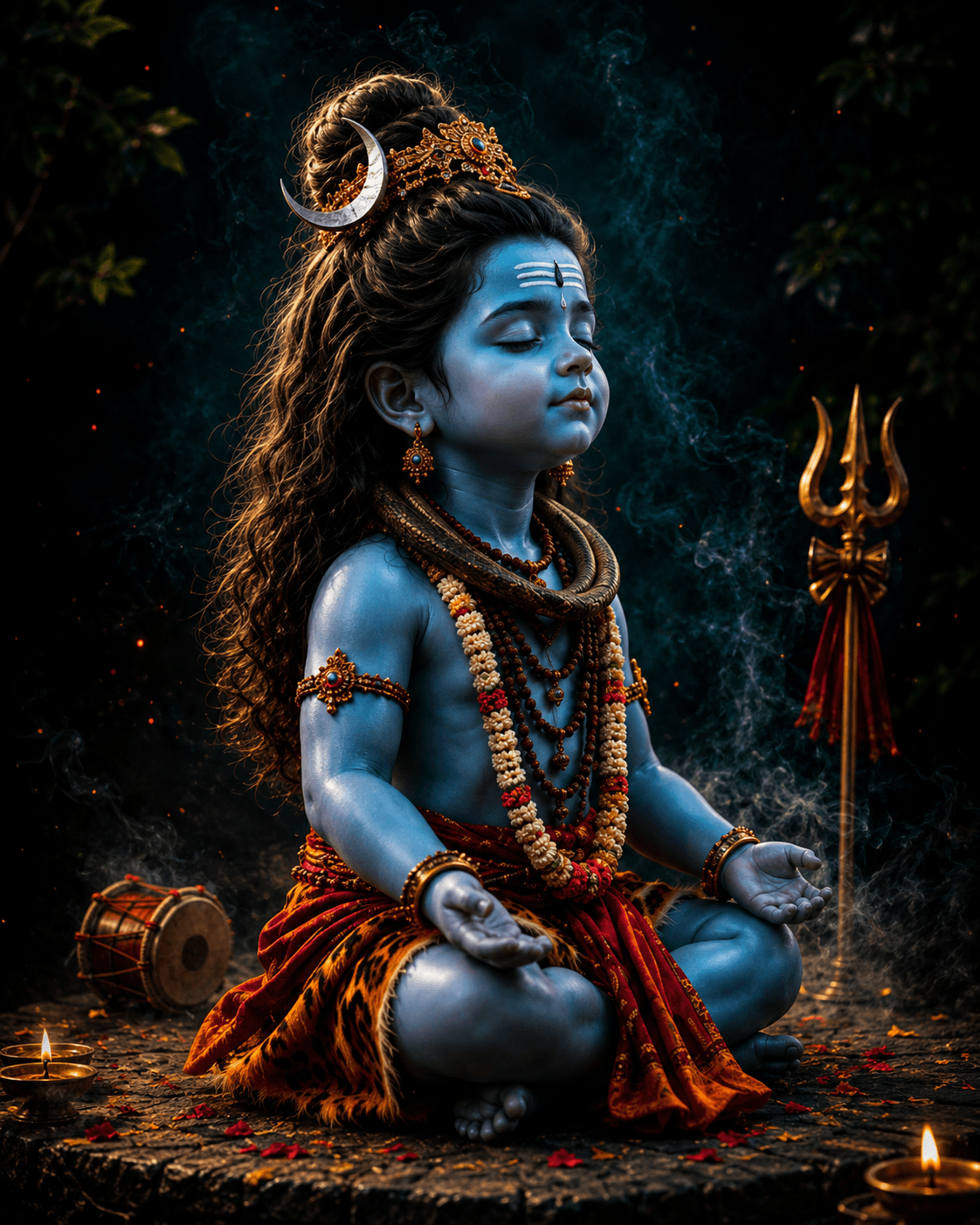 Beautiful 4K image of Bal Mahadev meditating peacefully with a sacred Trishul, Damru, Rudraksha garlands, tiger-skin cloth, and crescent moon, free HD wallpaper download.