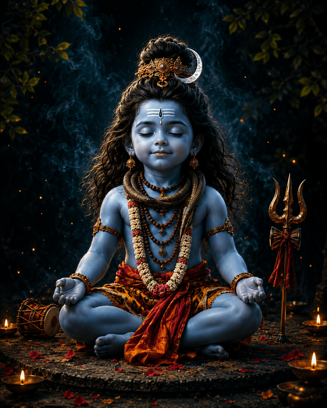 Peaceful 4K image of Bal Mahadev meditating with a sacred Trishul, Damru, Rudraksha garlands, crescent moon, and divine aura, free HD wallpaper download.