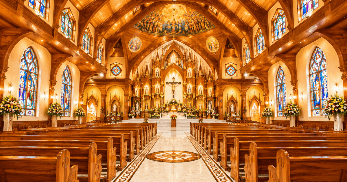 Beautiful church interior with wooden architecture, stained glass windows, decorated altar and rows of wooden pews.