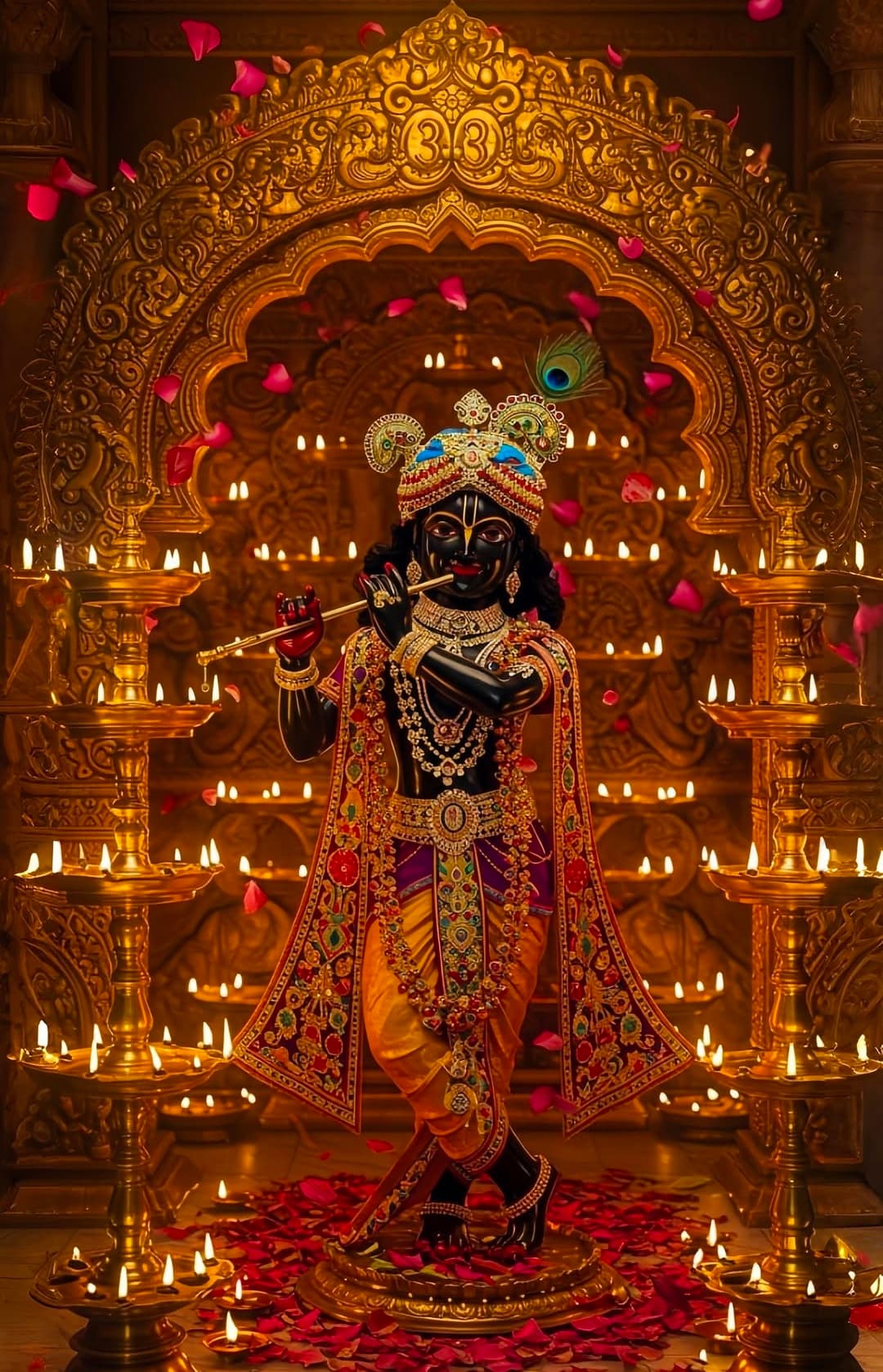 Lord Krishna idol with flute, golden temple background, lamps, and rose petals.
