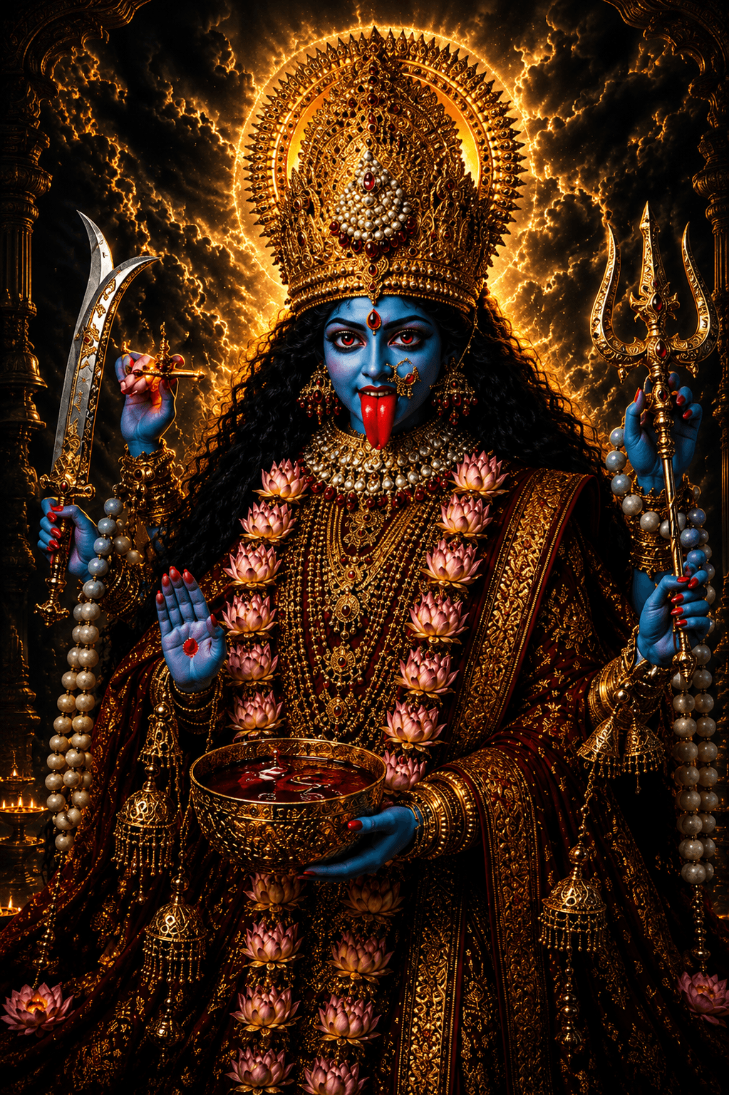 Blue-skinned Maa Kali holding a Trishul and Khadga with lotus garland, golden crown, blessing hand, sacred bowl, and glowing celestial background.