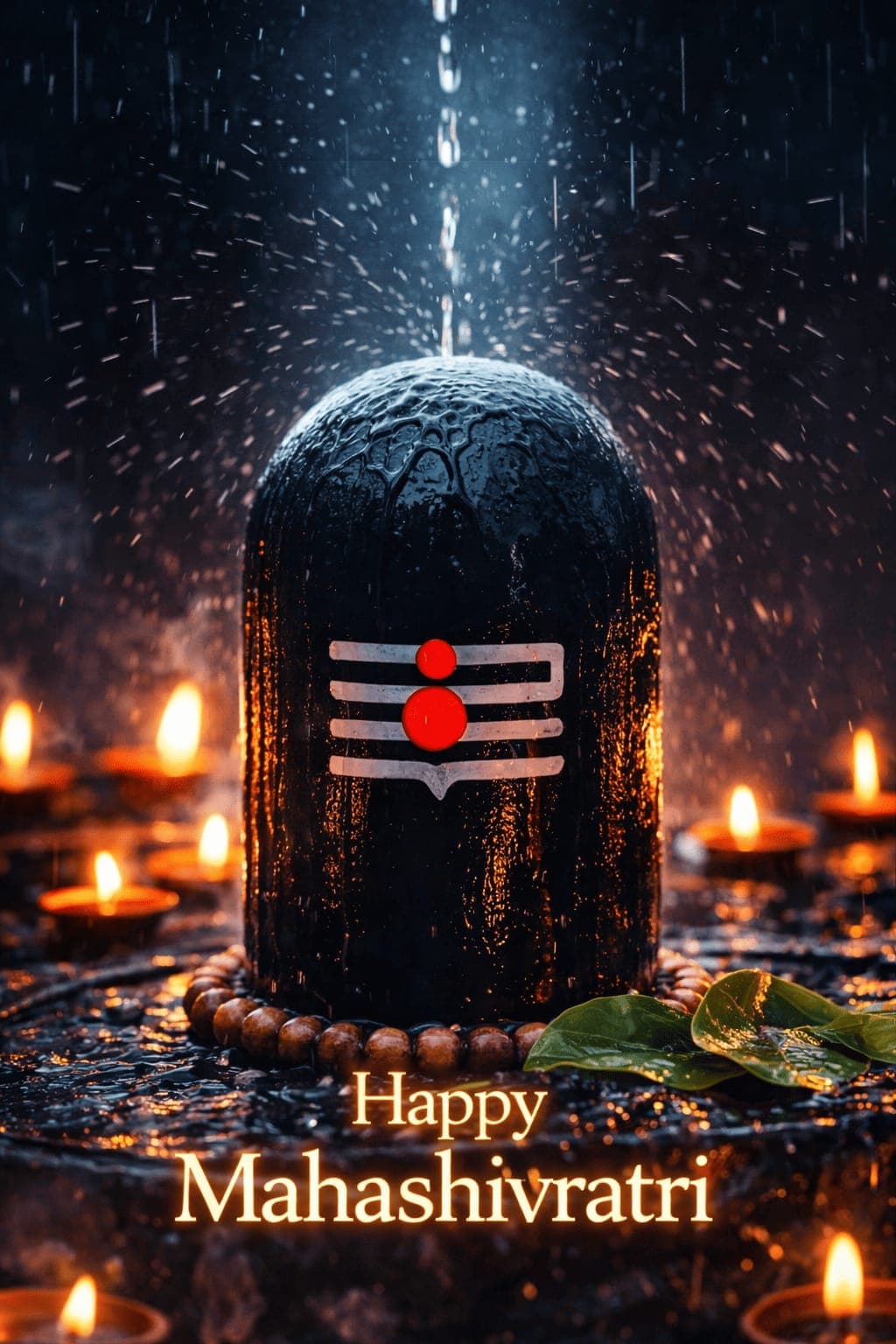 4K dark image of Shiva Lingam with rain and diyas, Happy Mahashivratri text, free HD wallpaper download.