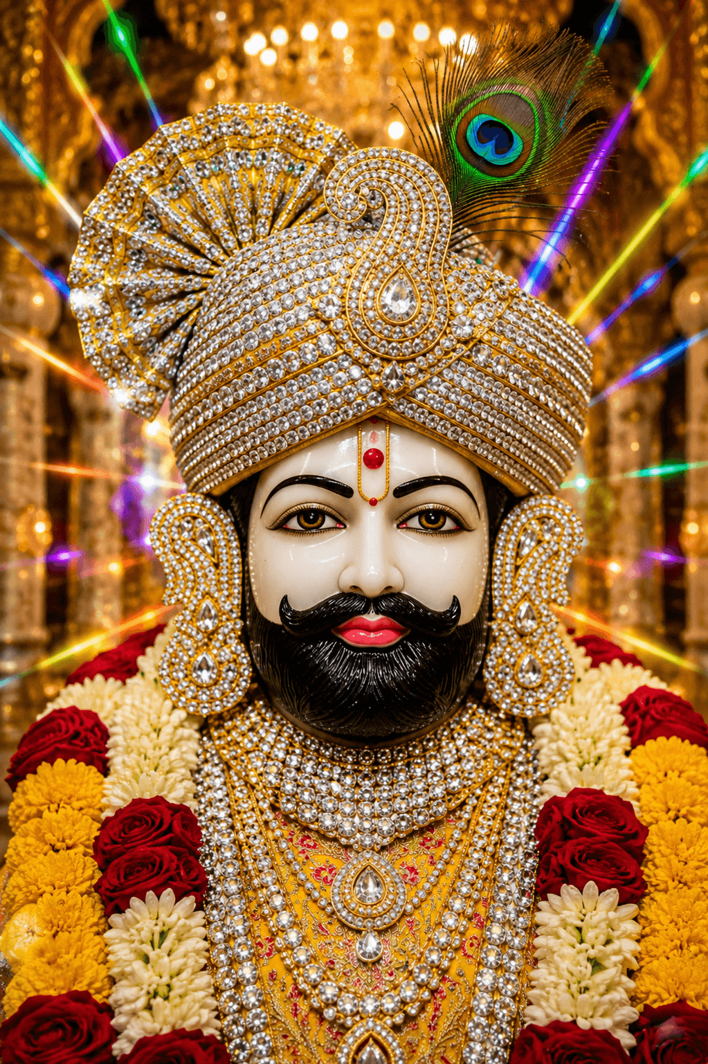 Beautiful 4K image of Khatu Shyam Ji with diamond-studded golden crown, peacock feather, and floral garlands, free HD wallpaper download.