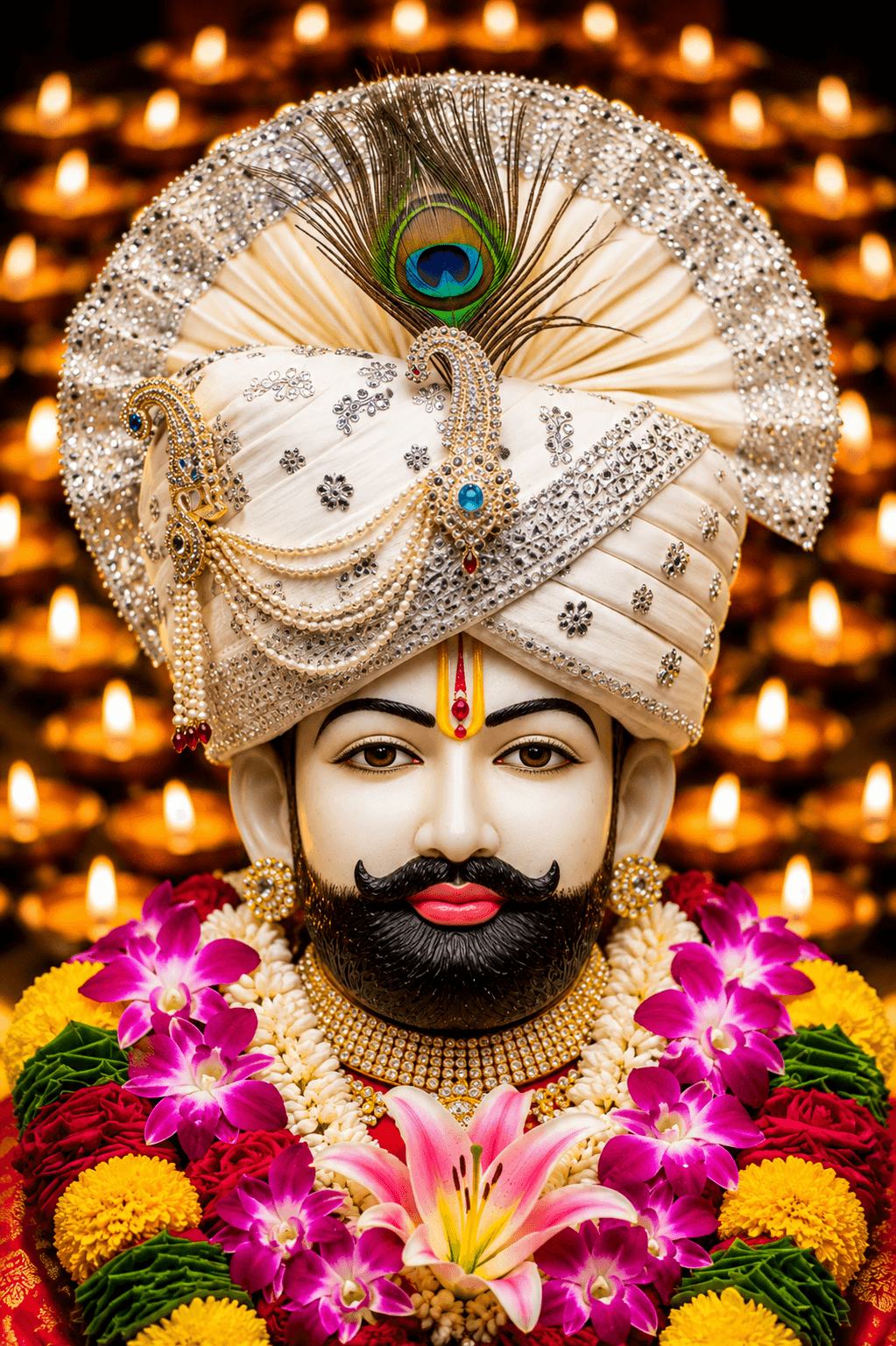 Stunning 4K image of Khatu Shyam Ji wearing a white jeweled turban with peacock feather and floral garlands, free HD wallpaper download.