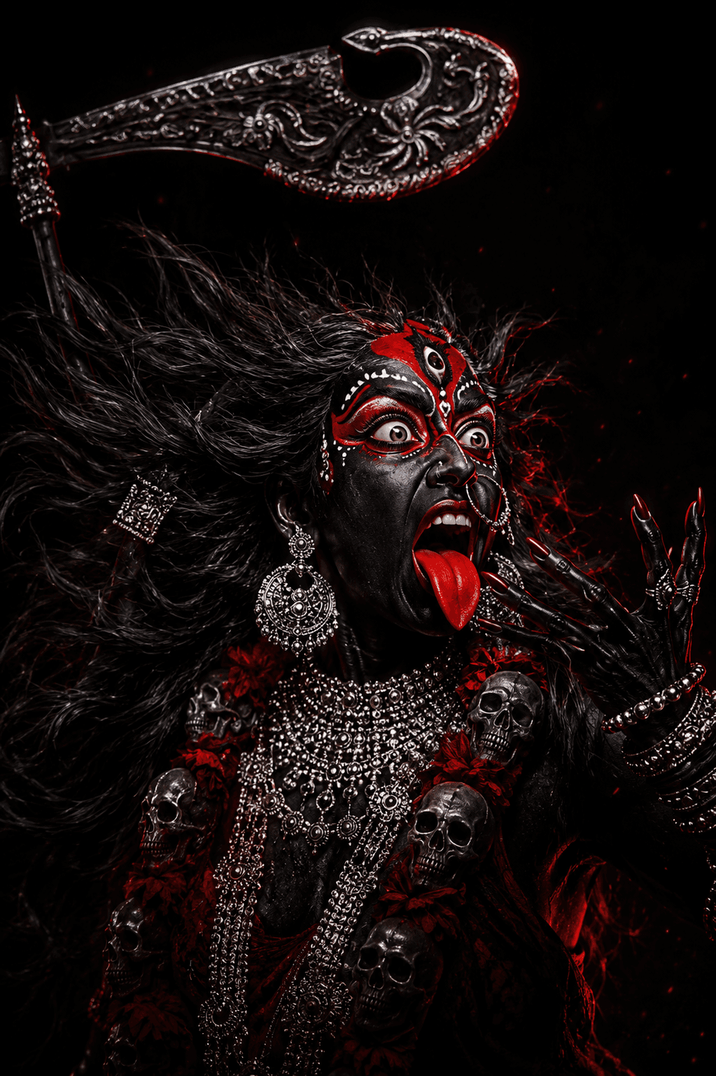 Fierce Maa Kali with black complexion, flowing hair, khadga sword, skull garland, glowing red tongue, silver jewelry, and dark mystical background.