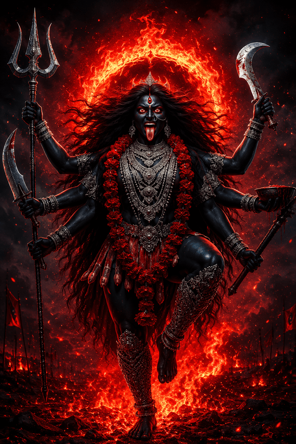 Fierce Maa Mahakali with multiple arms, trident, sacred khadga, ritual bowl, blazing halo, and fiery battlefield background in stunning 4K, free to download.