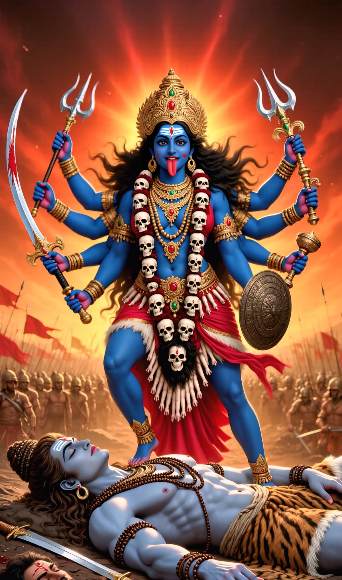 4K HD image of Goddess Kali in battlefield form with blue skin, skull garland, holding tridents and sword, standing over Lord Shiva with glowing aura, free download