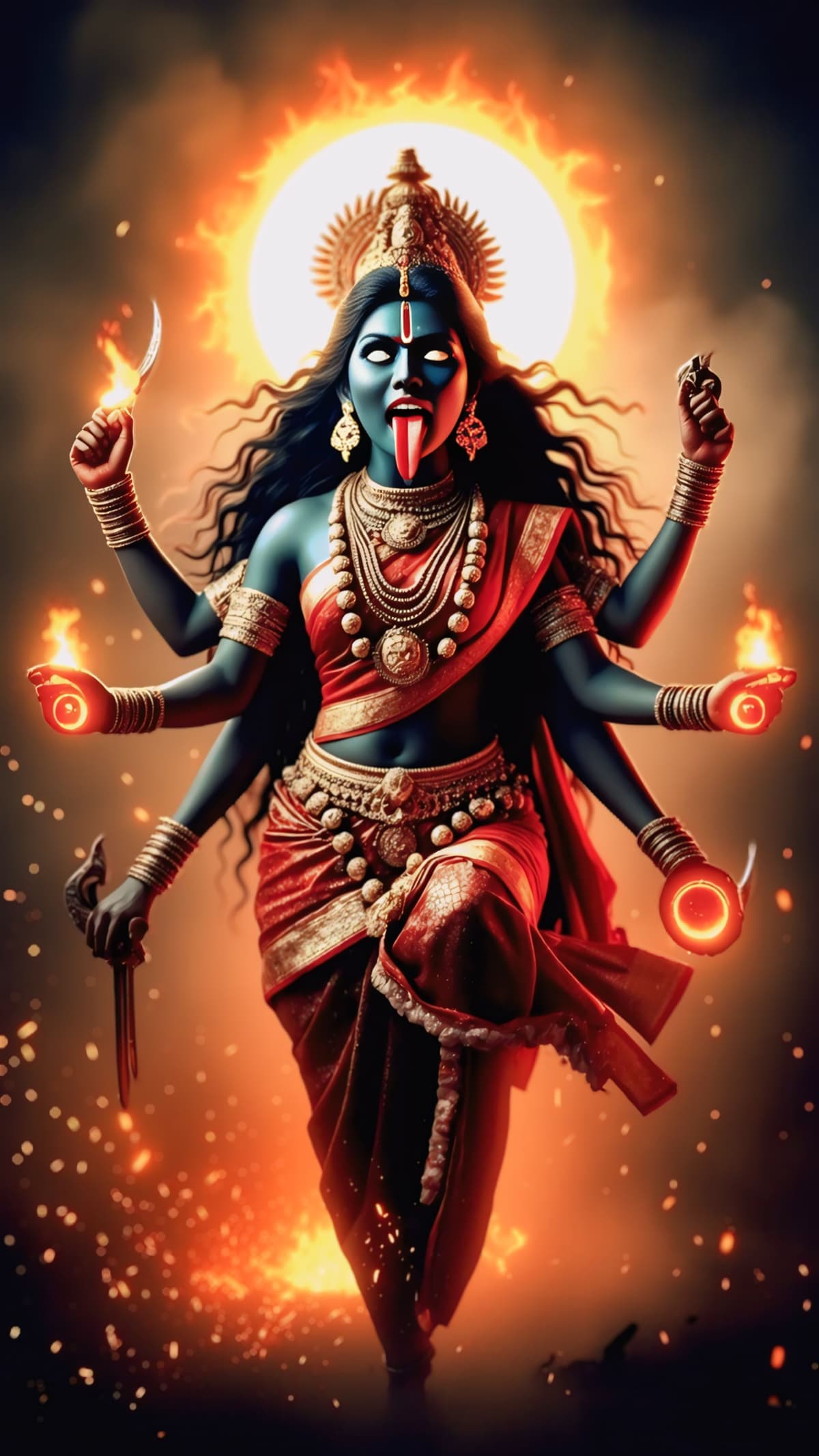 4K HD image of Goddess Kali in fiery form with blue skin, glowing eyes, red saree, holding weapons and flames, surrounded by fire and divine aura, free download