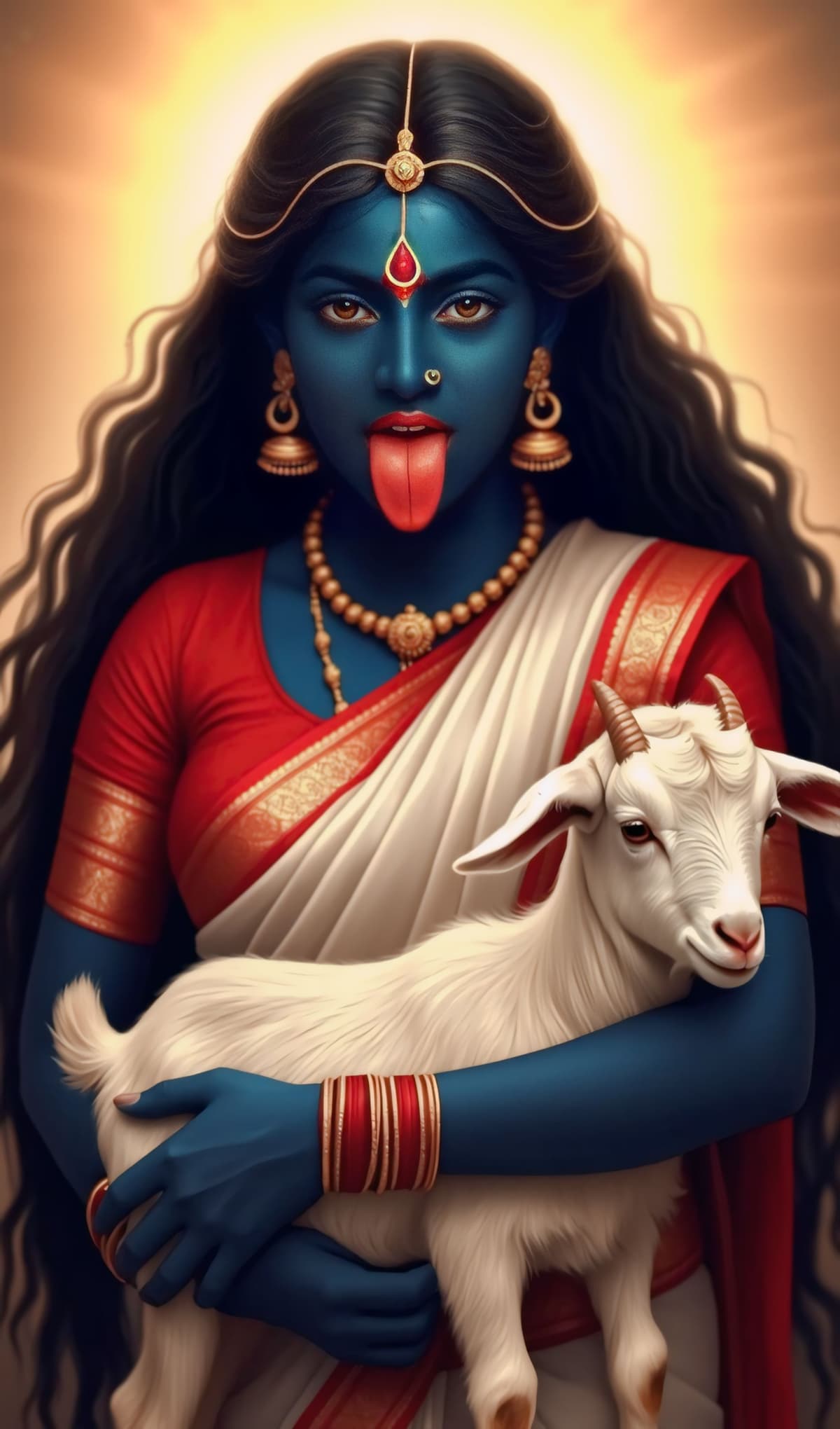 4K HD image of Goddess Kali with blue skin, red tongue, wearing red and white saree, holding a white goat — free to download in high resolution.