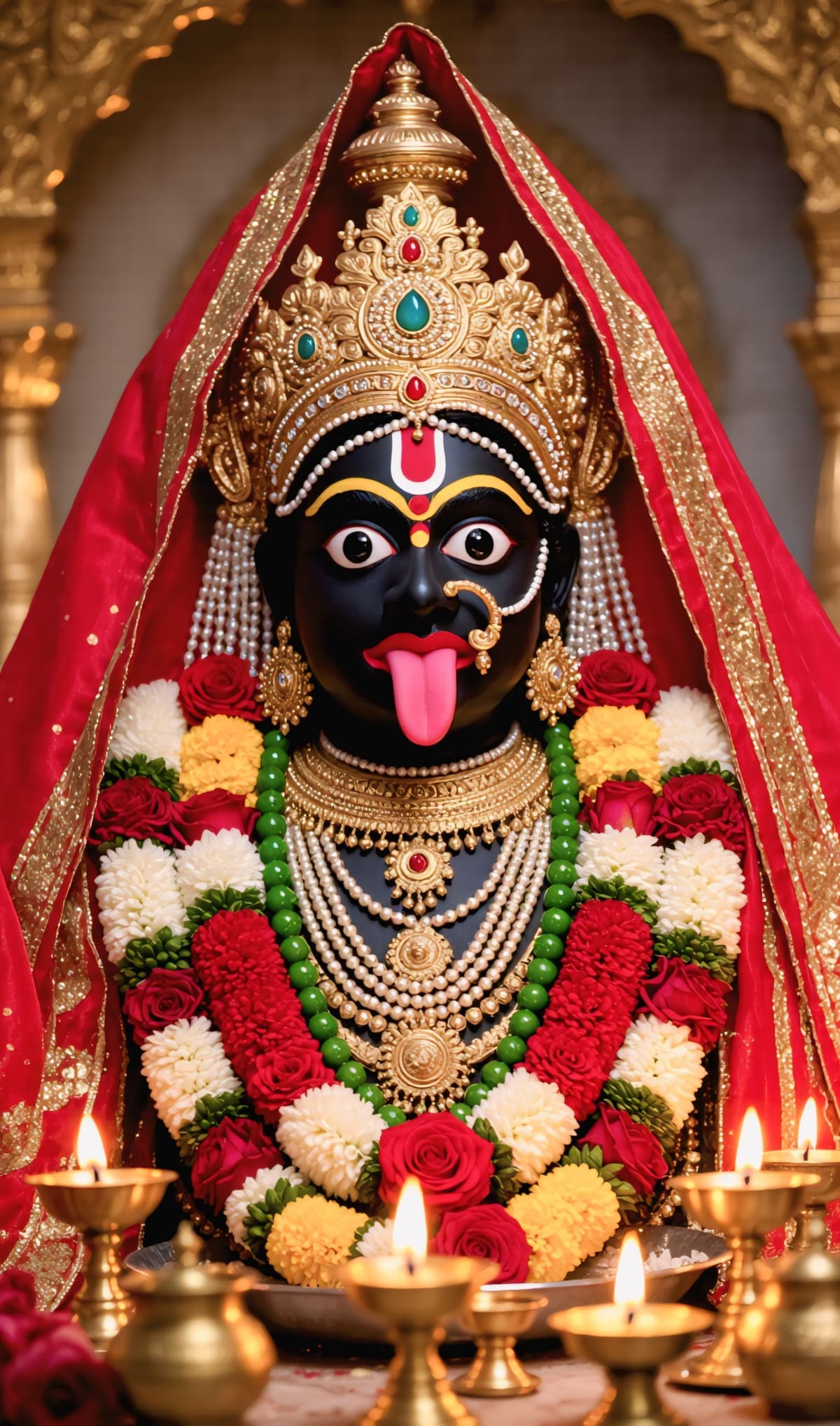 HD image of Goddess Kali idol adorned with gold crown, red saree, and flower garlands, surrounded by temple lamps, available for free download