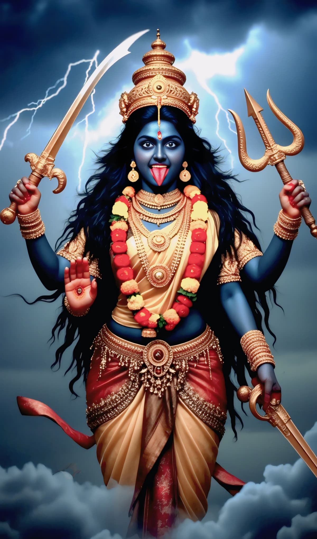 HD image of Goddess Kali with golden crown, red saree, holding sword and trident, standing amid lightning and clouds, free to download
