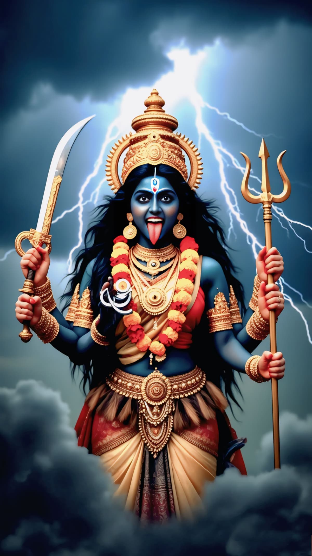HD image of Goddess Kali with golden crown, red and gold saree, holding sword and trident, surrounded by lightning and clouds, free to download