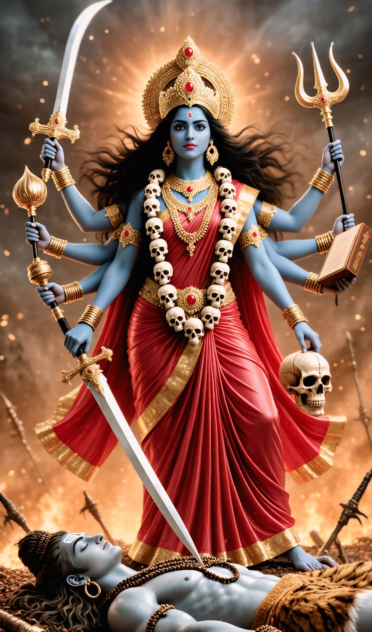 HD image of Goddess Kali with blue skin, golden crown, red saree, holding sword, trident, and skull, standing on Lord Shiva with glowing aura, free download