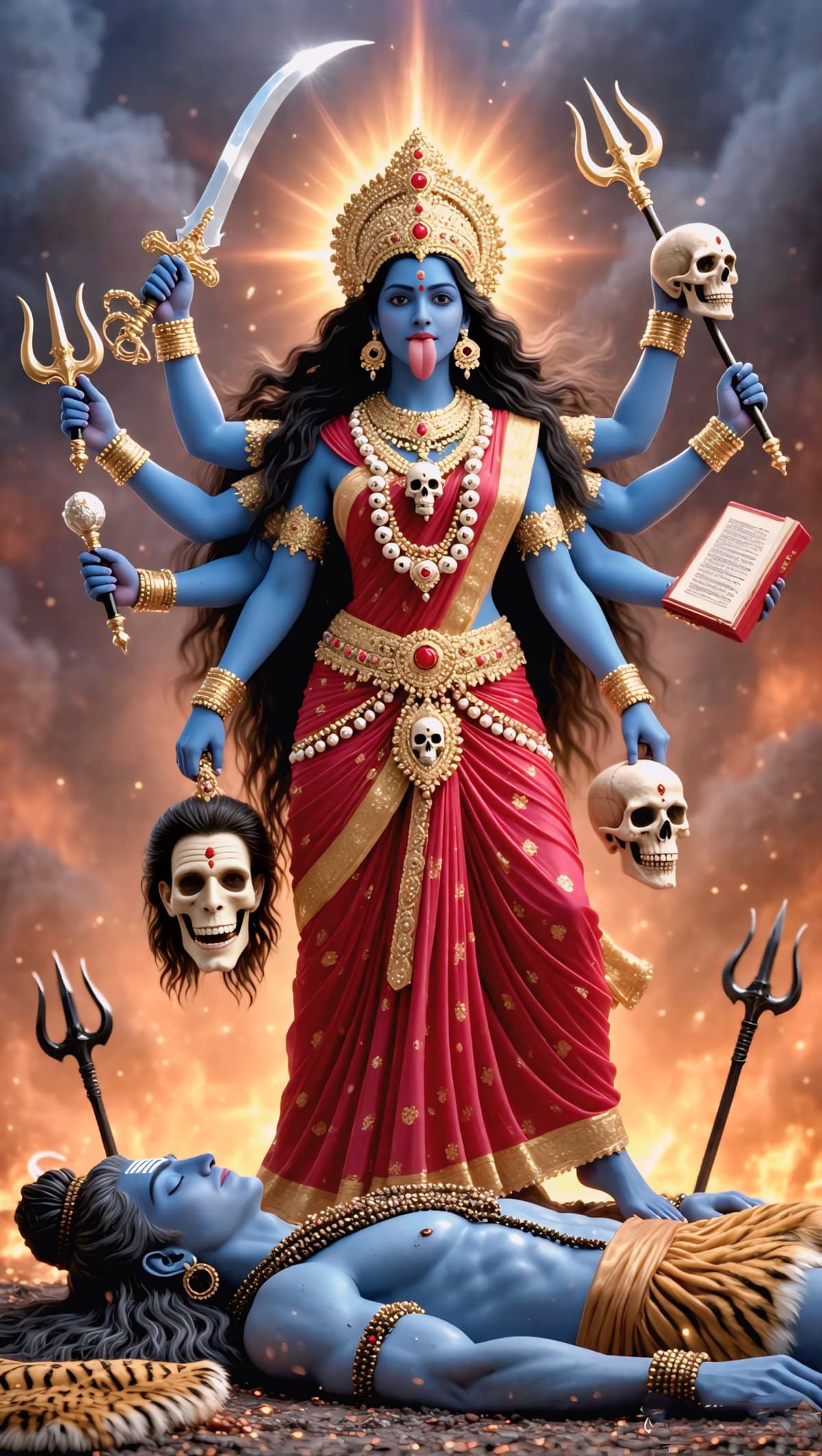 4K HD image of Goddess Kali with golden crown and red saree, holding sword, skulls, trident, and book, standing over Lord Shiva, free to download
