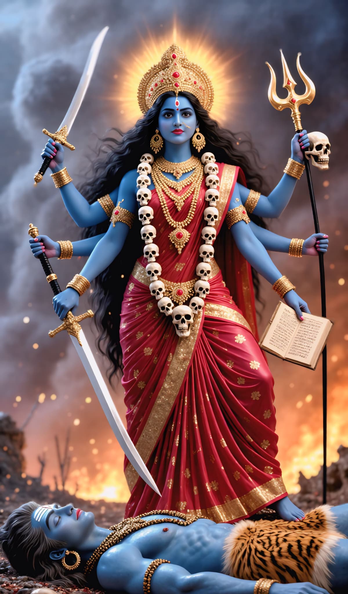 HD image of Goddess Kali with blue skin and red saree, holding sword, trident, and book, standing on Lord Shiva amid divine light, free to download