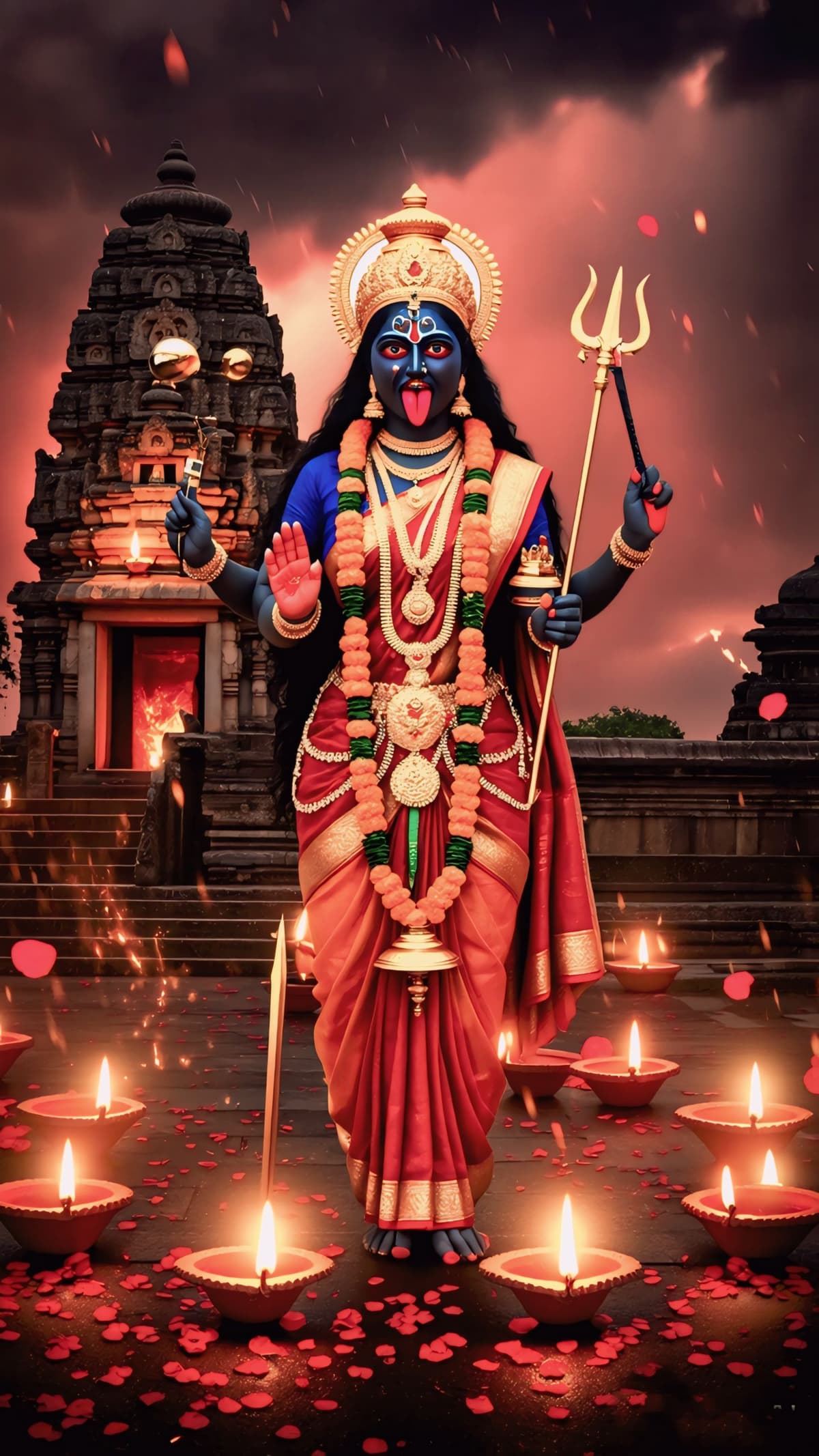 HD image of Goddess Kali in red saree with garlands, standing before a temple surrounded by diyas and petals, holding trident and bowl, free to download
