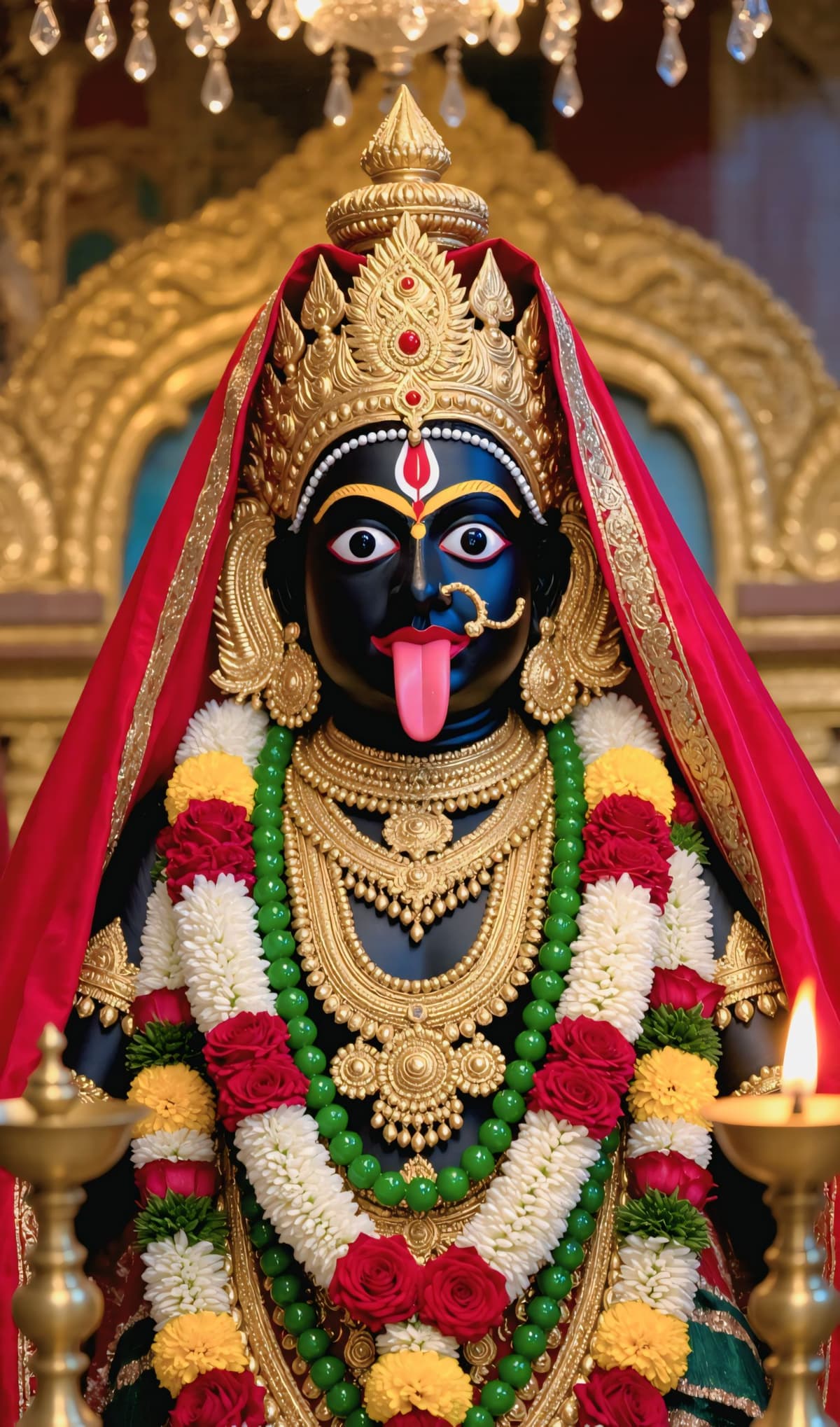 HD image of Goddess Kali idol decorated with red saree, gold crown, and floral garlands inside temple, surrounded by lamps, free to download