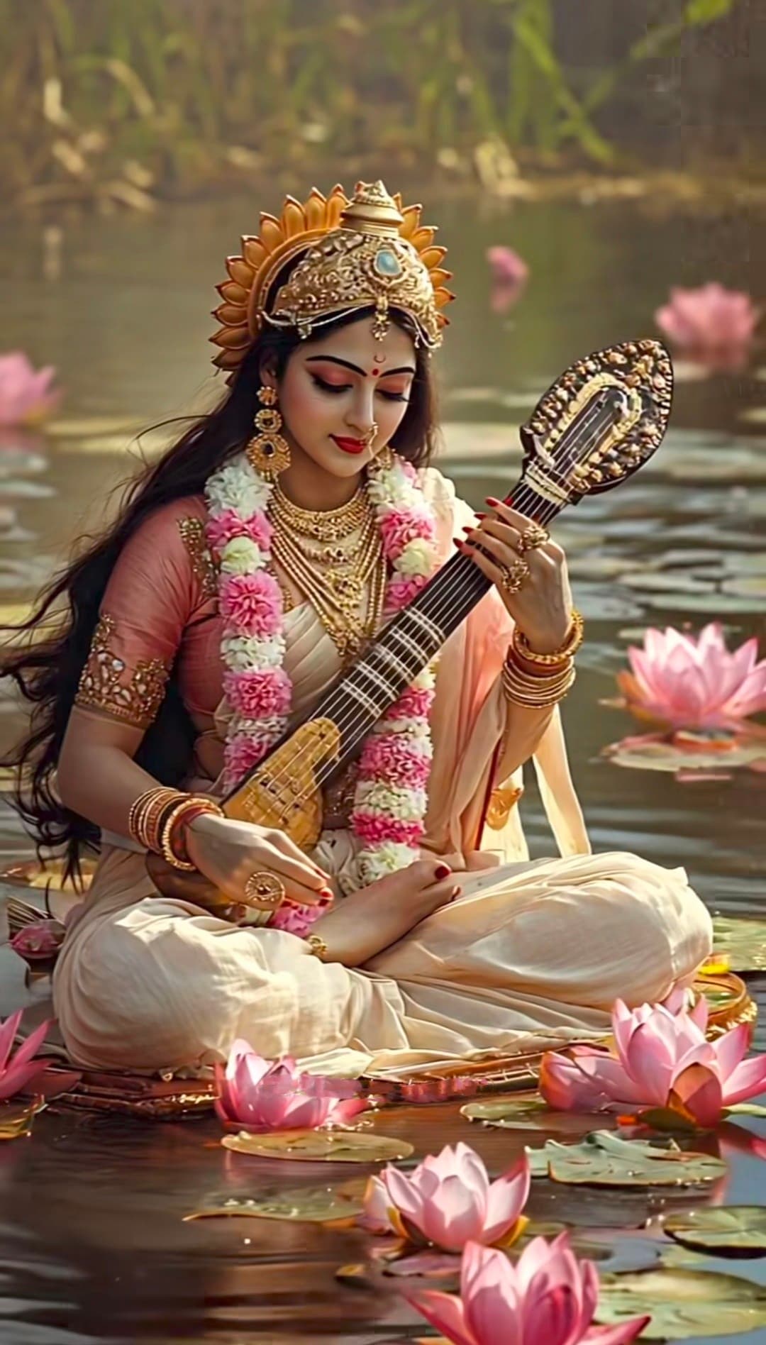 Goddess Saraswati sitting peacefully among lotus flowers, holding veena with flower garland.