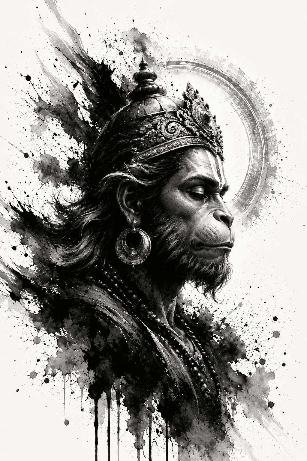 Artistic black-and-white portrait of Lord Hanuman wearing a royal crown and sacred beads, premium 4K image free to download.