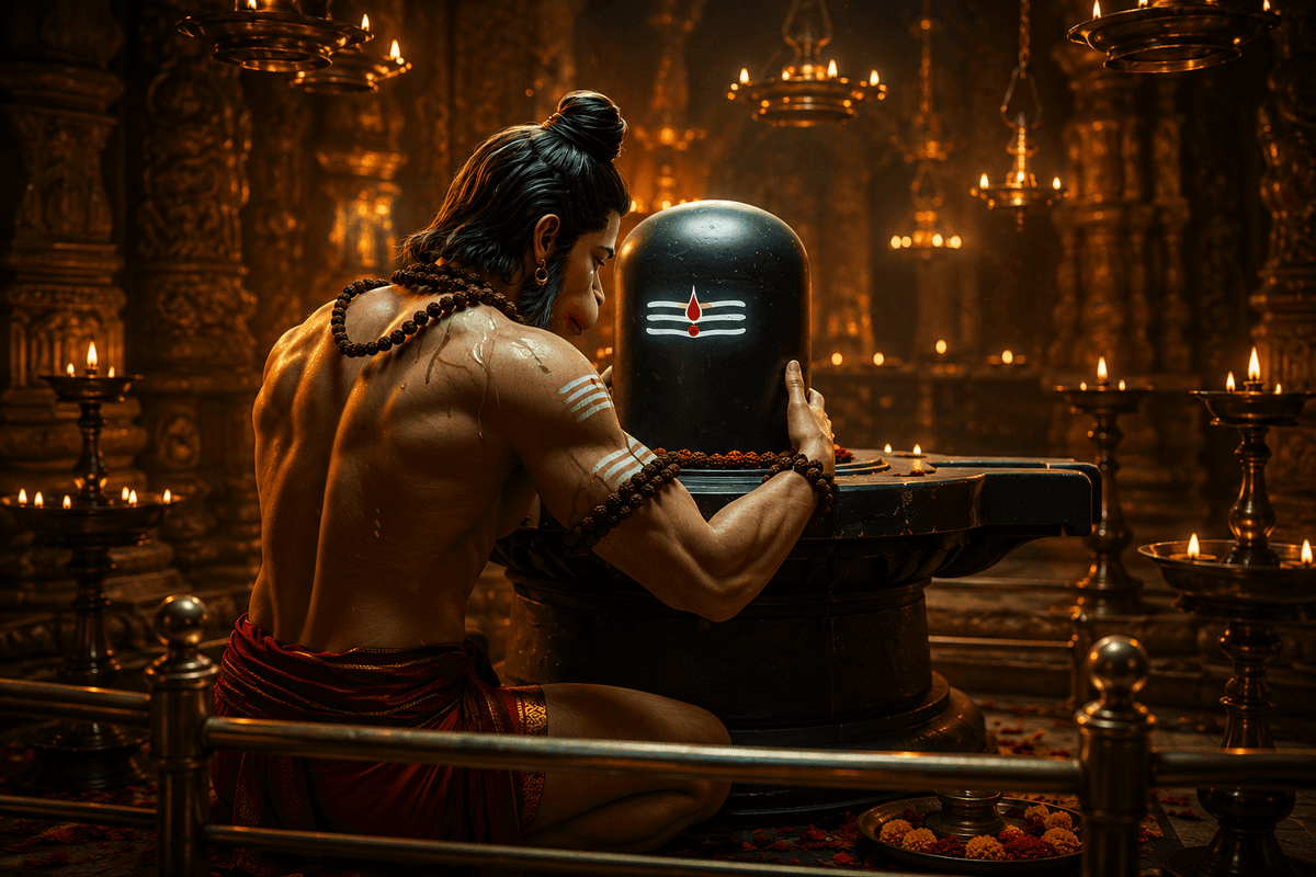 Powerful 4K image of Lord Hanuman embracing the sacred Shivling inside a divine temple, free HD download for wallpapers, devotional use, and spiritual projects.