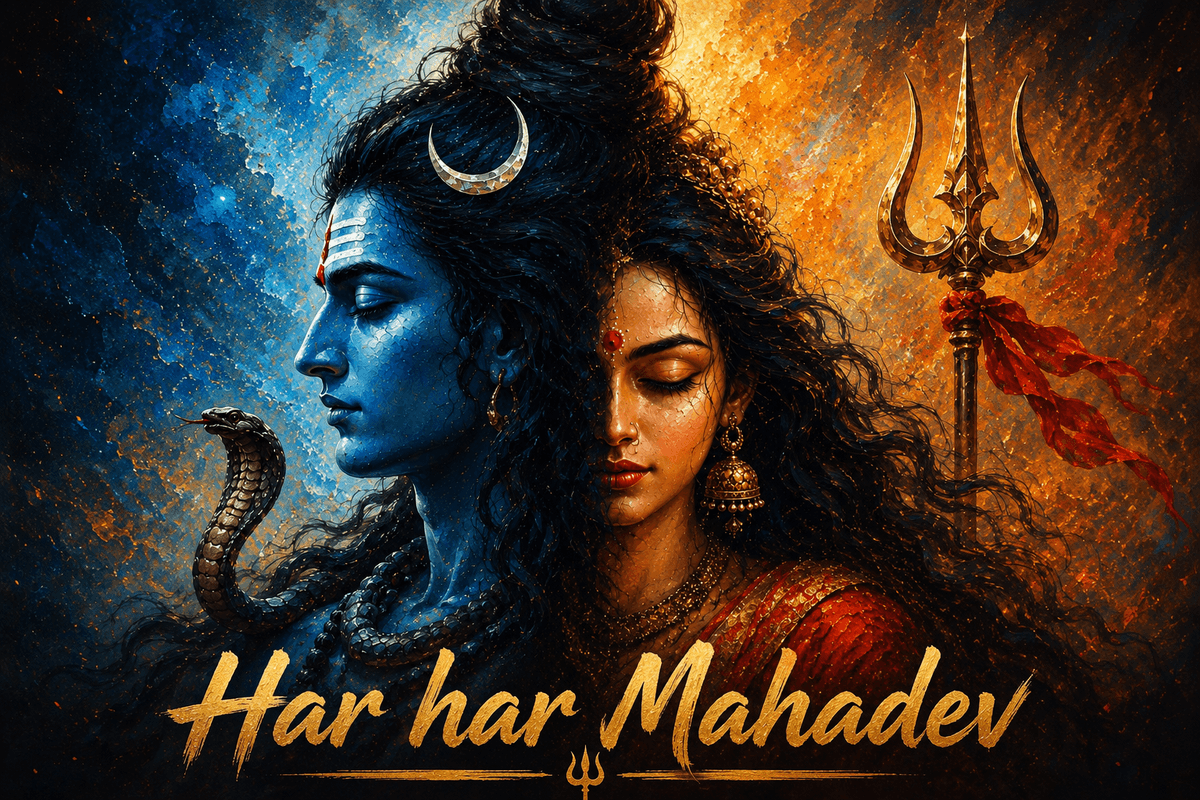 Vibrant 4K digital artwork of Lord Shiva and Goddess Parvati with a sacred trident, serpent, and 'Har Har Mahadev' text, free HD wallpaper download.