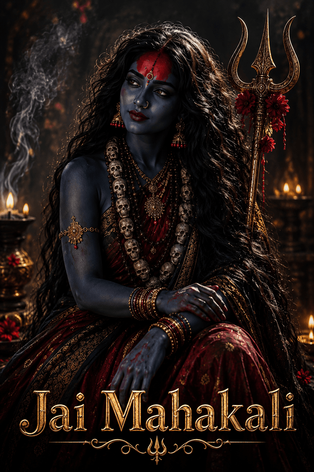 Jai Mahakali with a dark blue complexion, skull garland, trident, flowing black hair, red tilak, and temple background in stunning 4K, free to download.